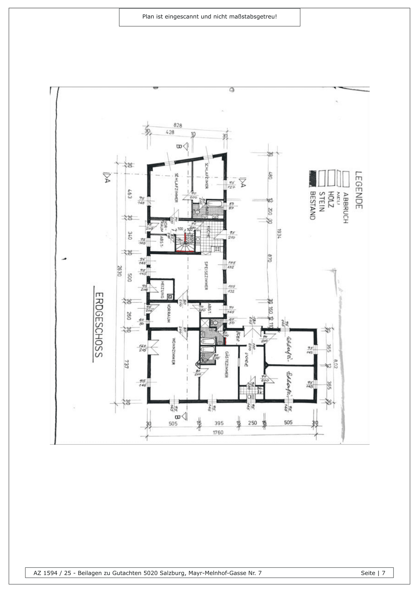 Grundriss des Erdgeschosses mit Raumaufteilung und Legende für Bestand und Abbruch.
