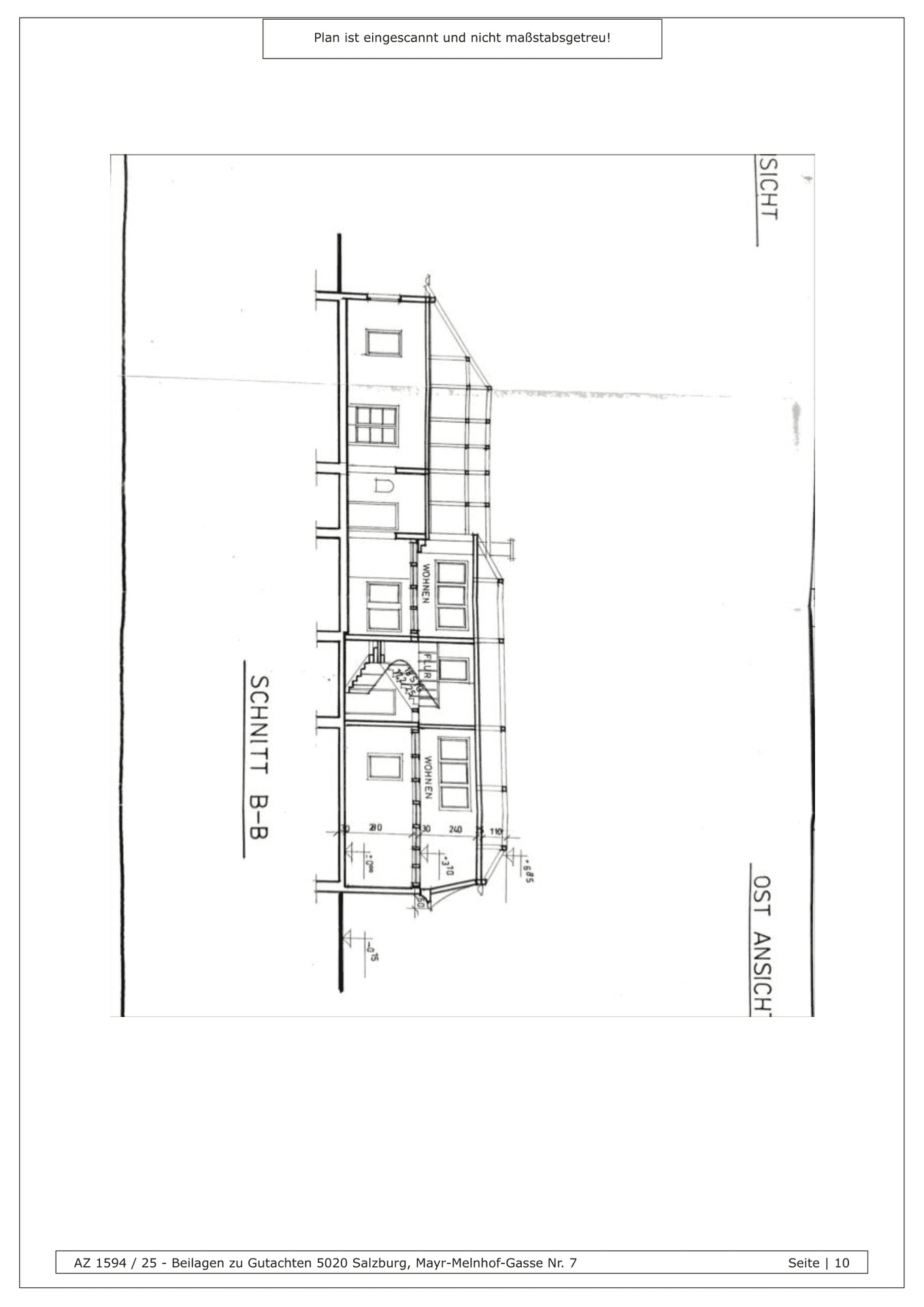 Architektonischer Schnitt B-B und Ostansicht des Gebäudes mit verschiedenen Ebenen.