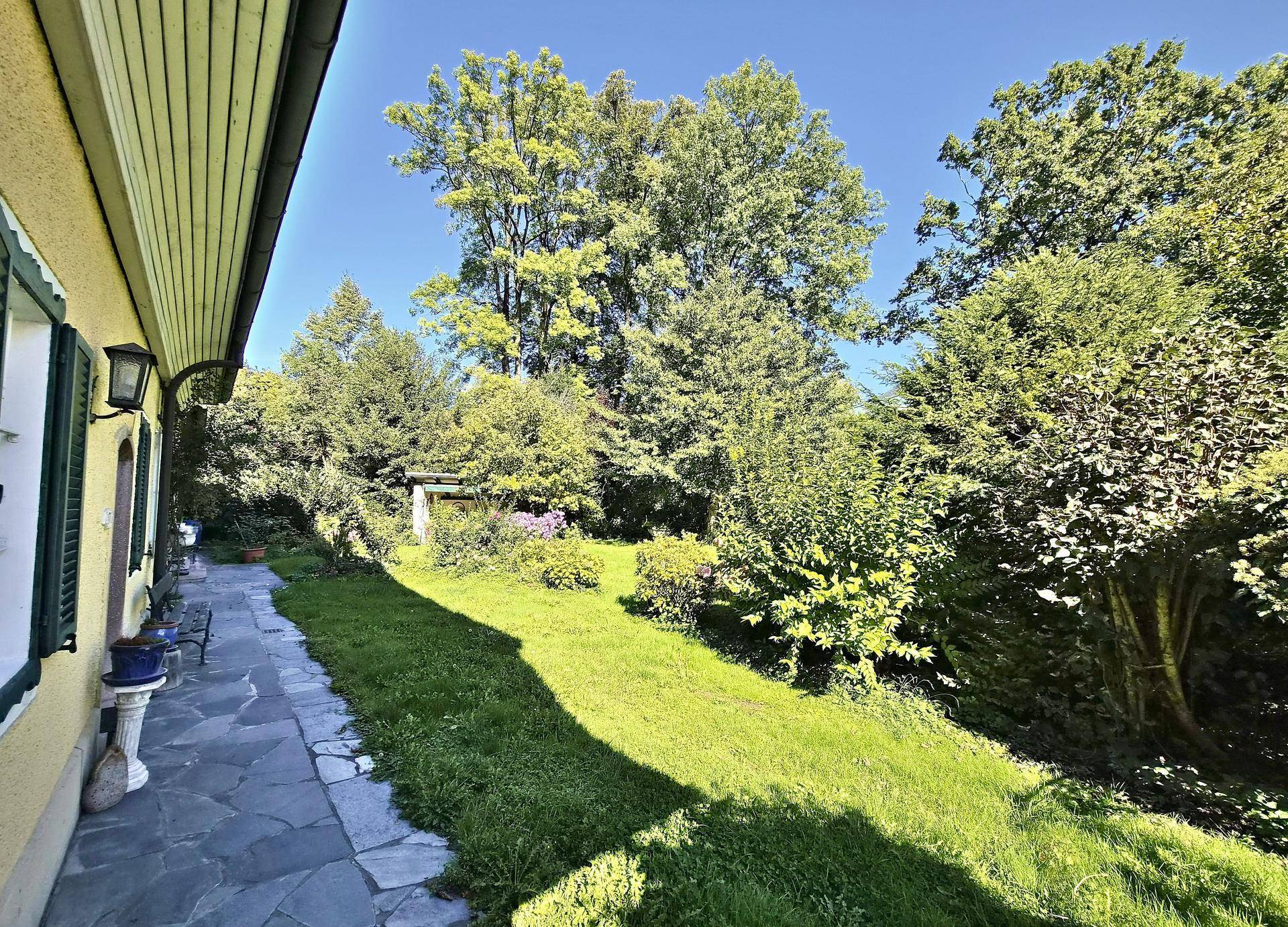 Sonniger Gartenbereich mit üppigem Grün, hohen Bäumen und einem Steinweg entlang des Hauses.
