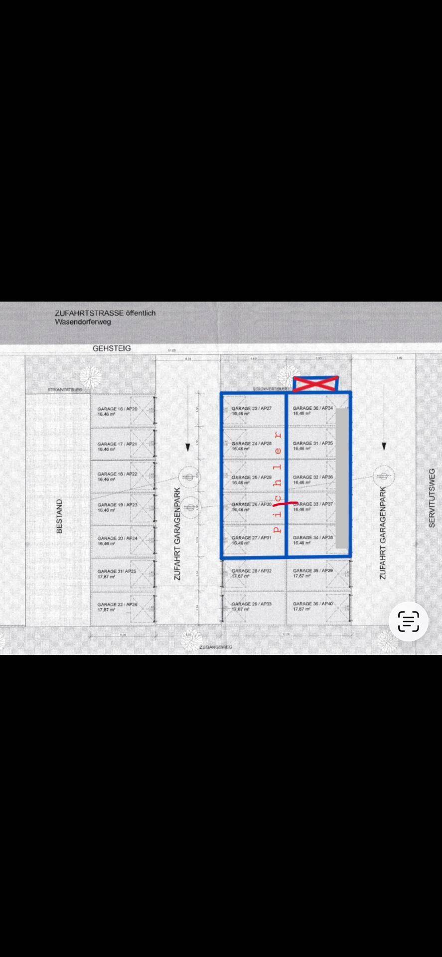 Grundrissplan eines Garagenparks mit mehreren Stellplätzen und Zufahrtswegen.