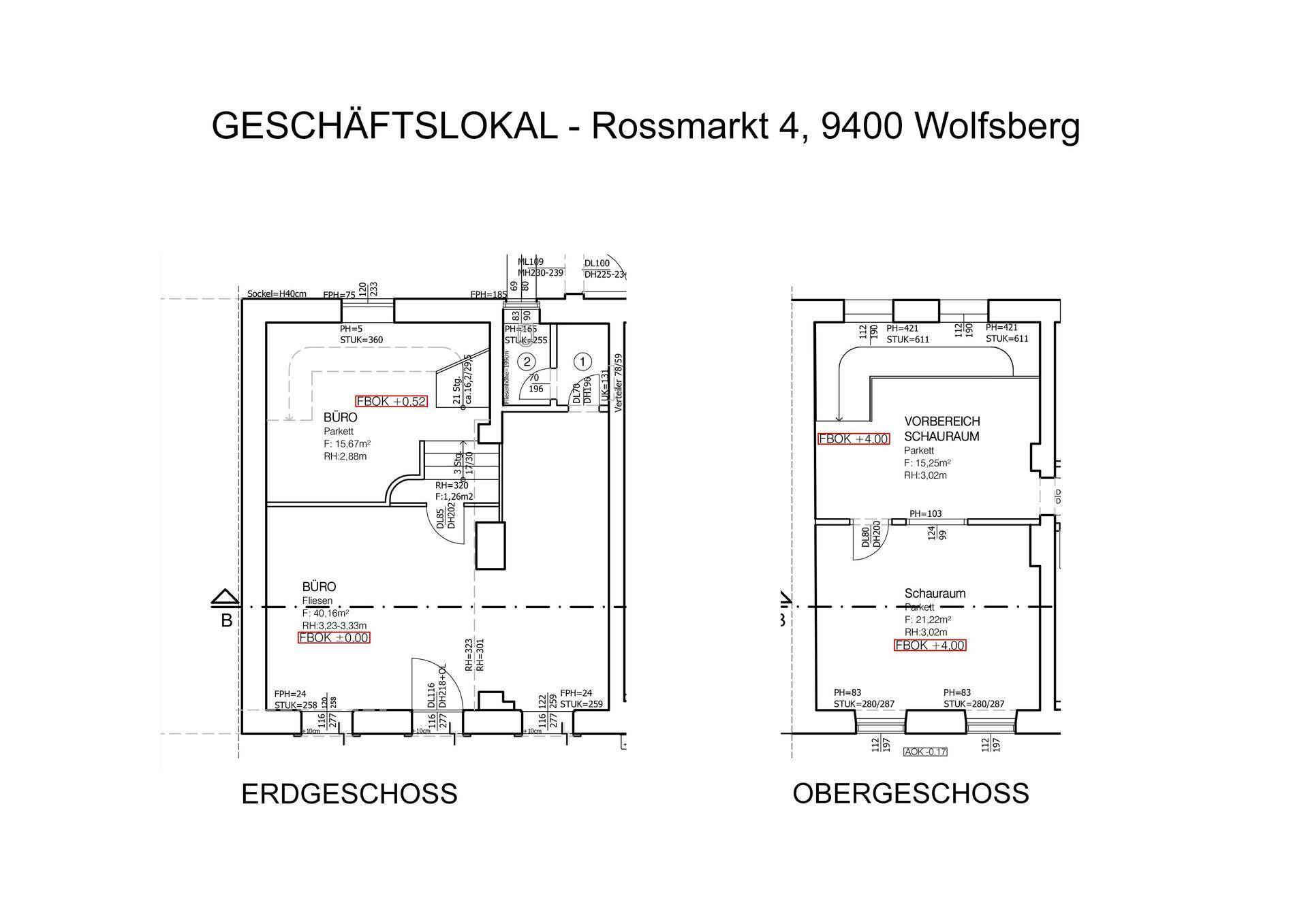 Grundriss des Geschäftslokals mit Erdgeschoss und Obergeschoss, inklusive Büros und Schauraum.