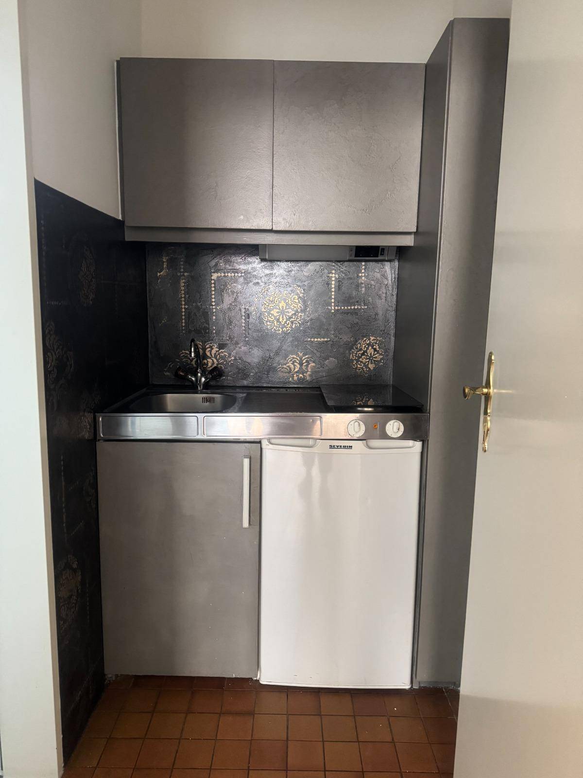 Kleine Küchenzeile mit Spüle, Kühlschrank und Hängeschränken in einem kompakten Design.