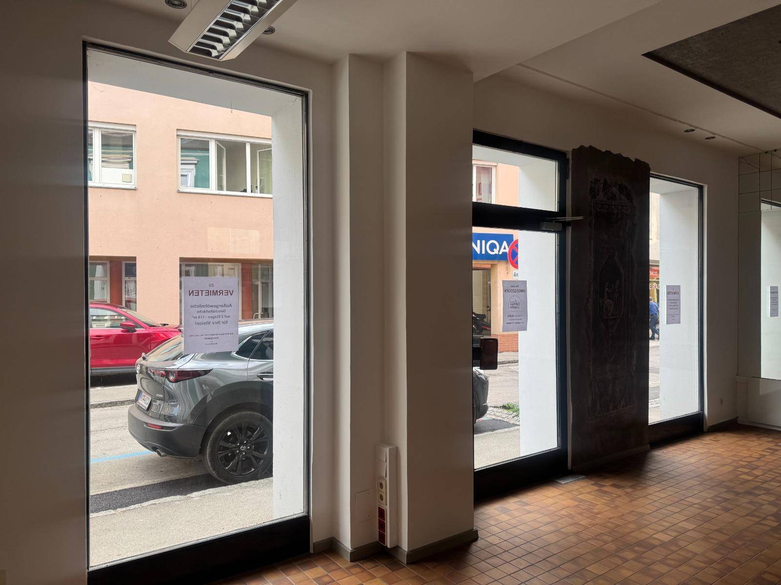 Blick aus dem Gewerberaum auf die Straße mit parkenden Autos und umliegenden Gebäuden.