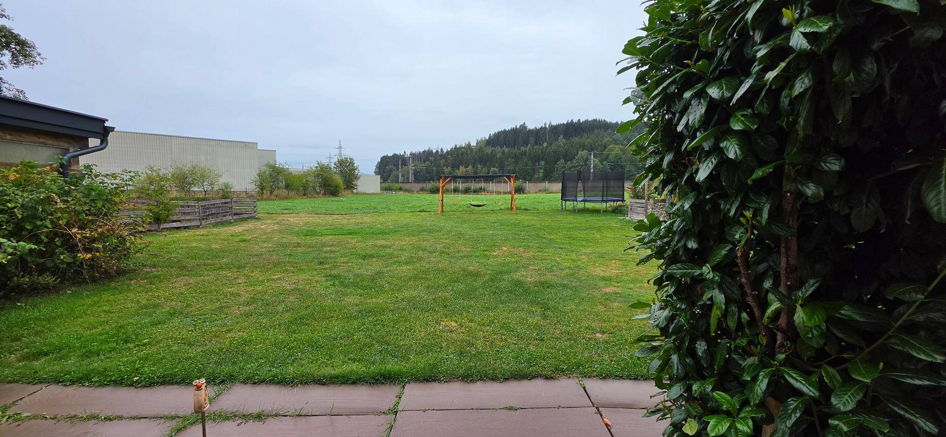 Großer grüner Garten mit Rasenfläche, Schaukel und Trampolin im Hintergrund.