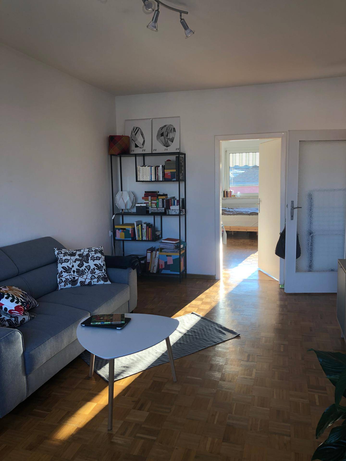 Gemütliches Wohnzimmer mit Sofa, Bücherregal und Blick in ein angrenzendes Schlafzimmer.