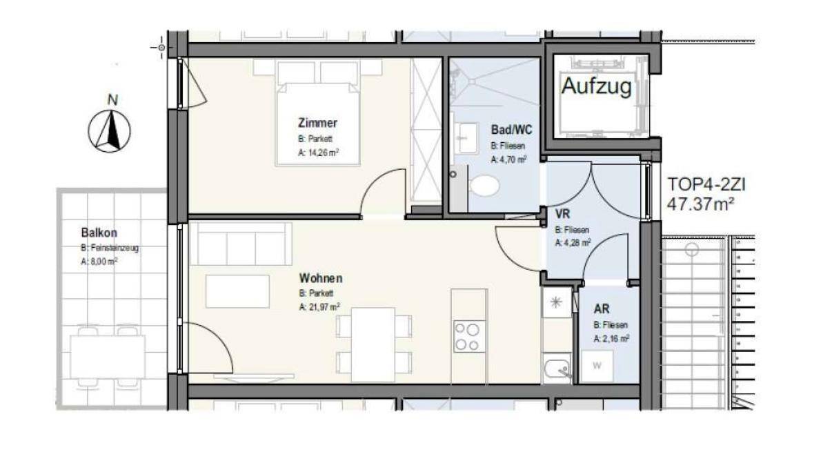 Grundriss einer 2-Zimmer-Wohnung mit Balkon, Schlafzimmer und offenem Wohnbereich.