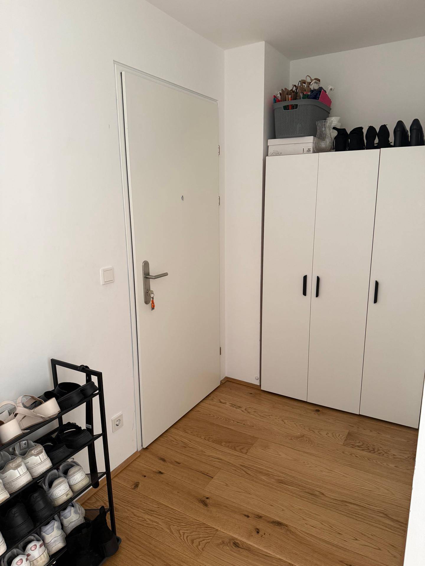 Heller Eingangsbereich mit Holzfußboden, weißer Tür und praktischen Schuhregalen.