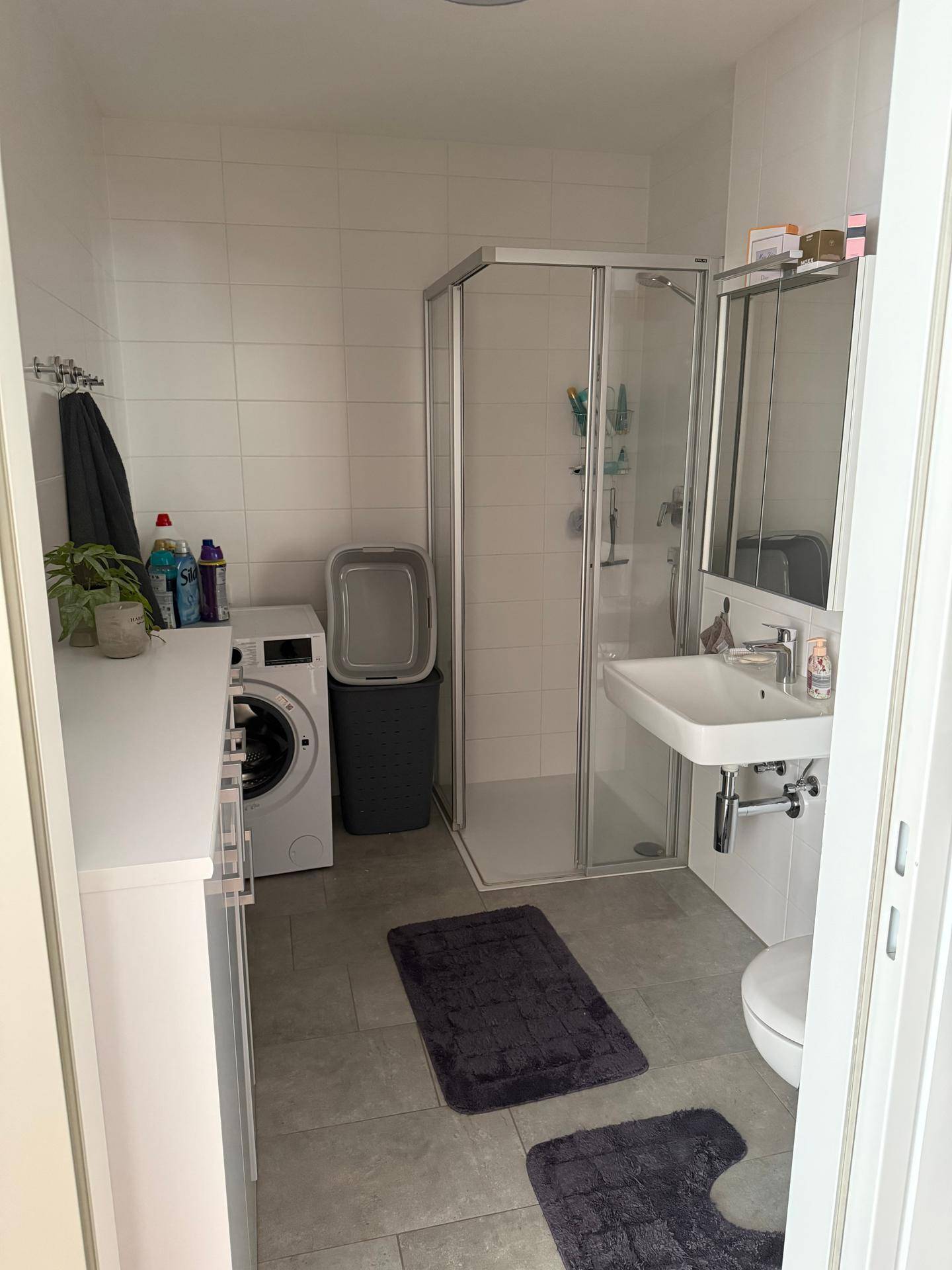 Modernes Badezimmer mit Duschkabine, Waschbecken, Toilette und Waschmaschine.