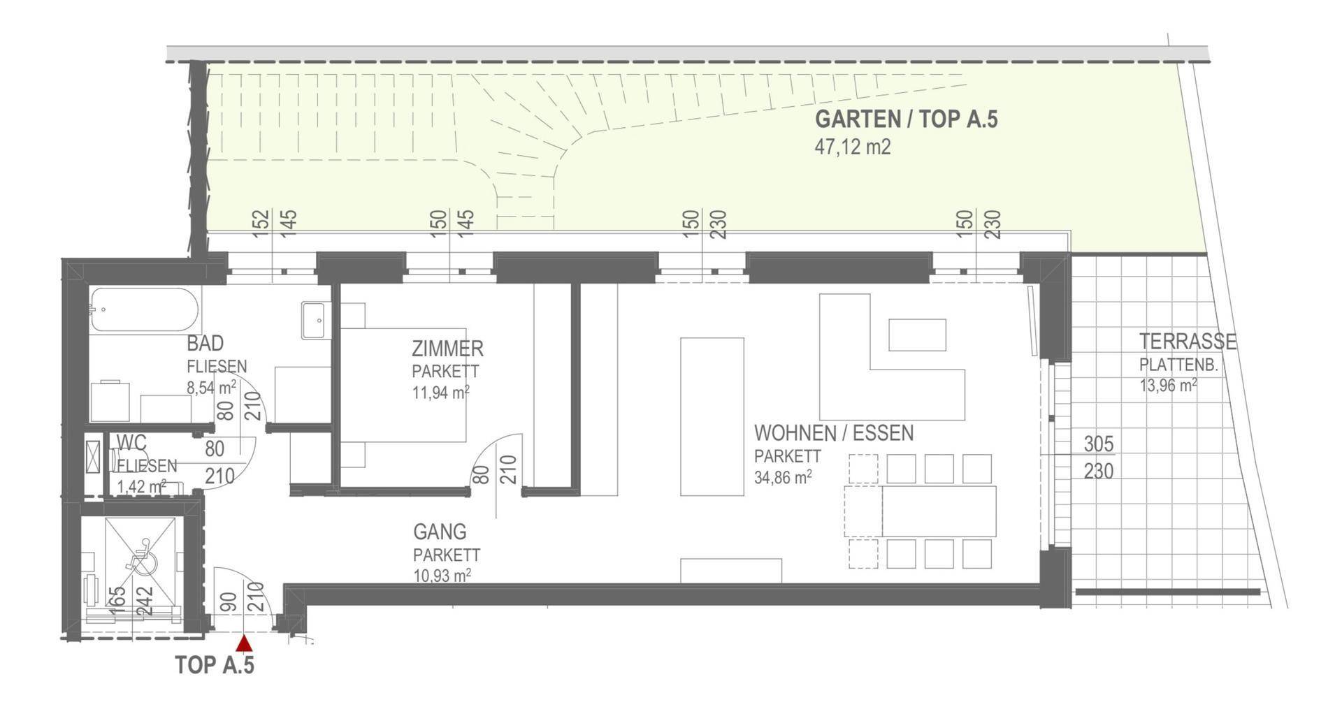 Grundriss der Wohnung mit Wohn-Essbereich, Schlafzimmer und Garten/Terrasse.