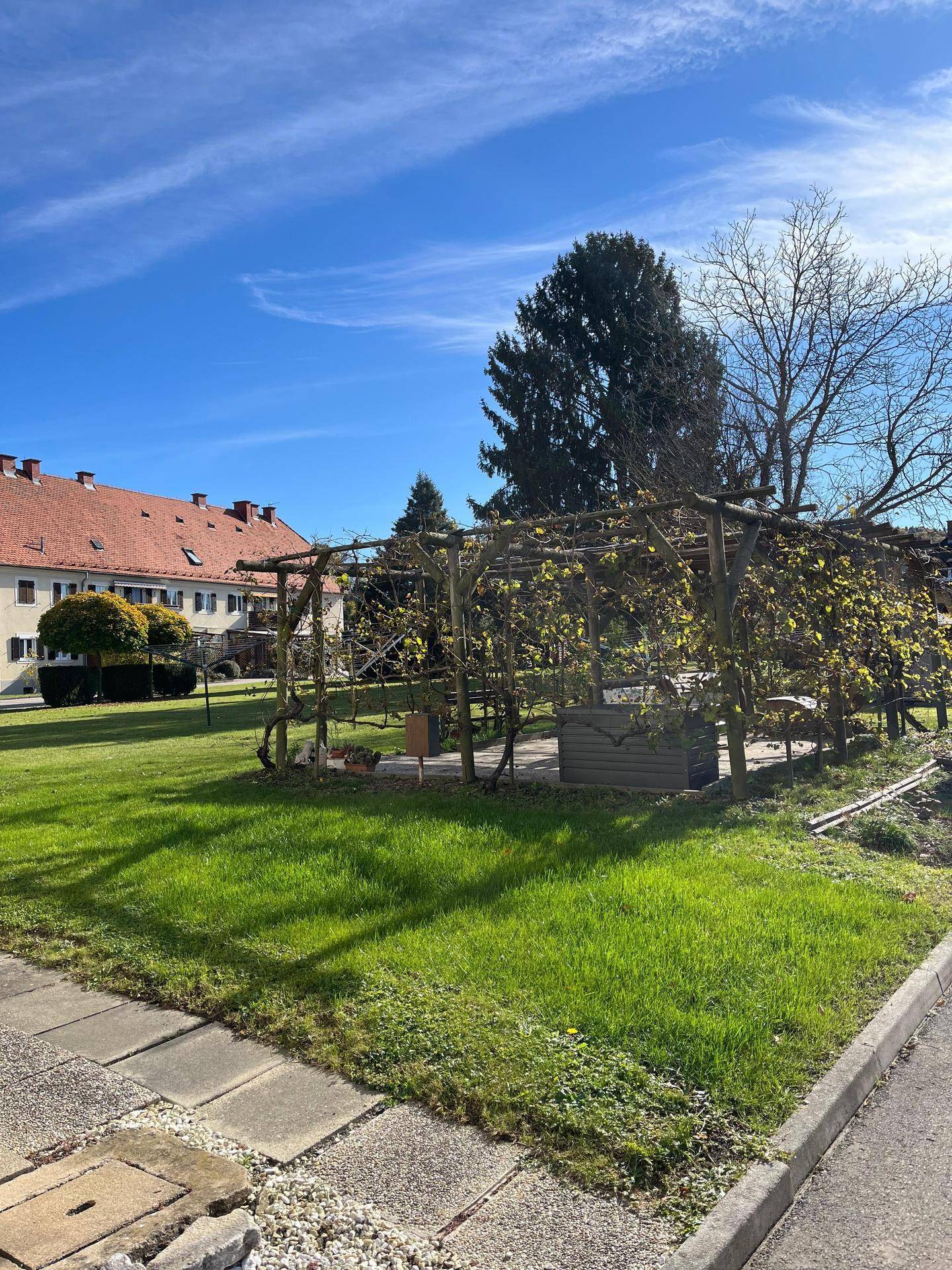 Großer Gartenbereich mit Rasen, Bäumen und Pergola.