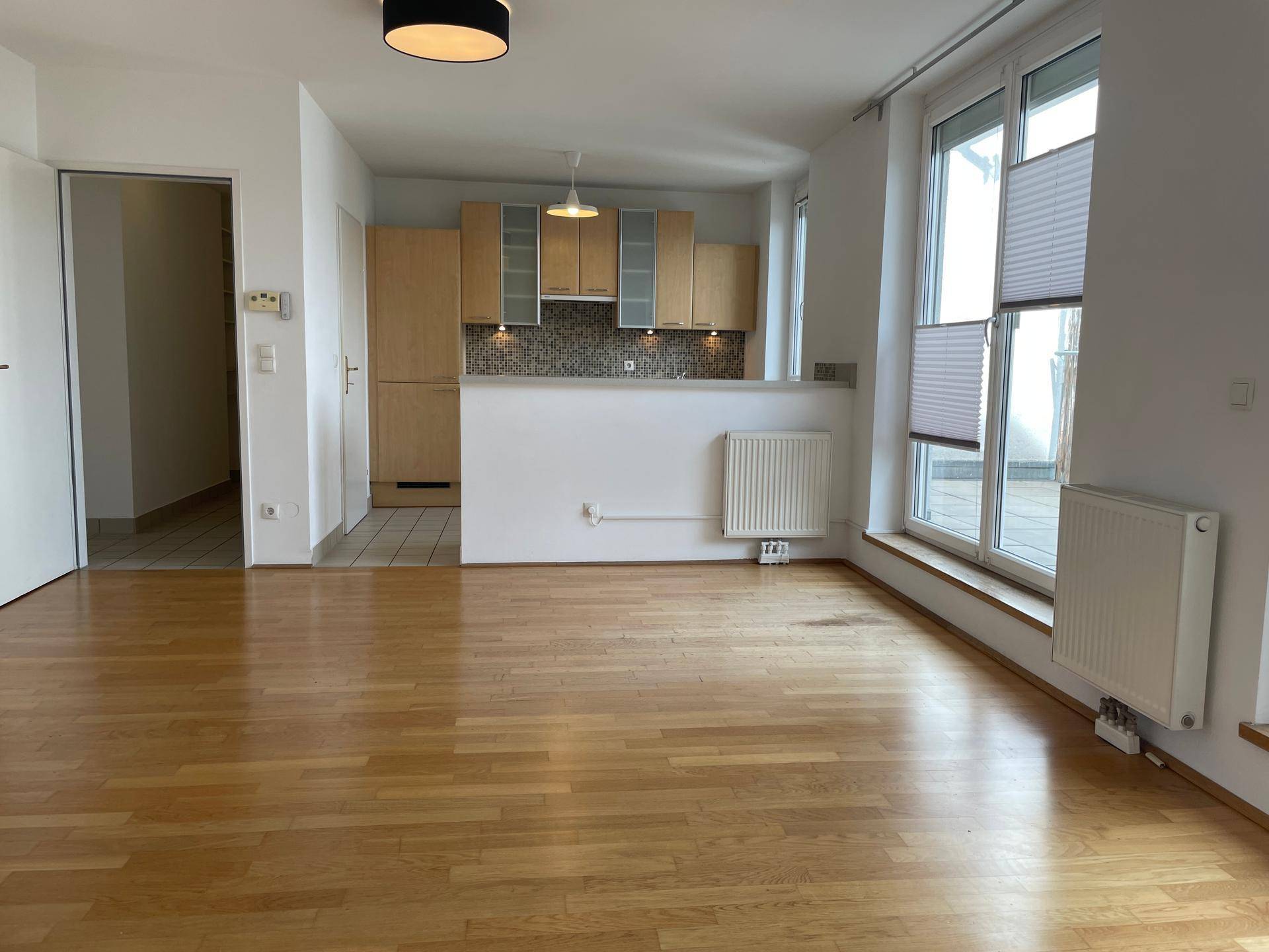 Geräumiger Wohnbereich mit offener Küche, Parkettboden und Zugang zur Terrasse.