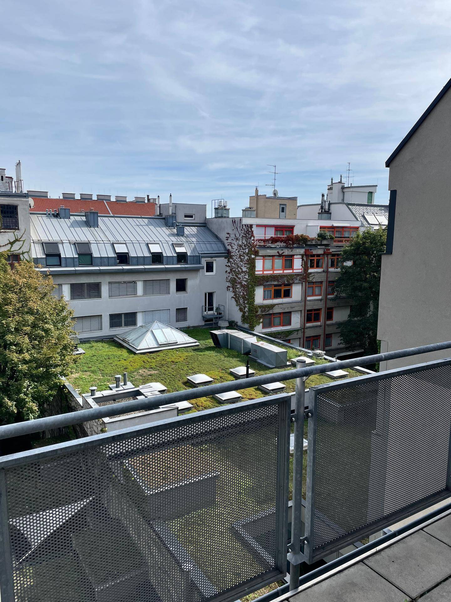 Blick von der Terrasse auf begrünte Dächer und die Stadtlandschaft.