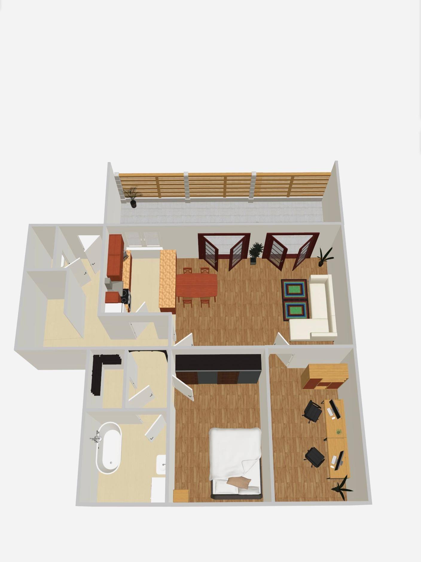 3D-Grundriss der Wohnung mit Schlafzimmer, Bad und Terrasse.