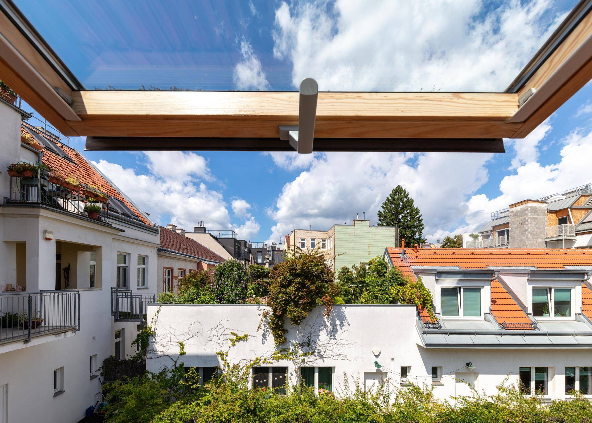Blick aus einem Dachfenster auf die umliegenden Dächer und grüne Bäume.