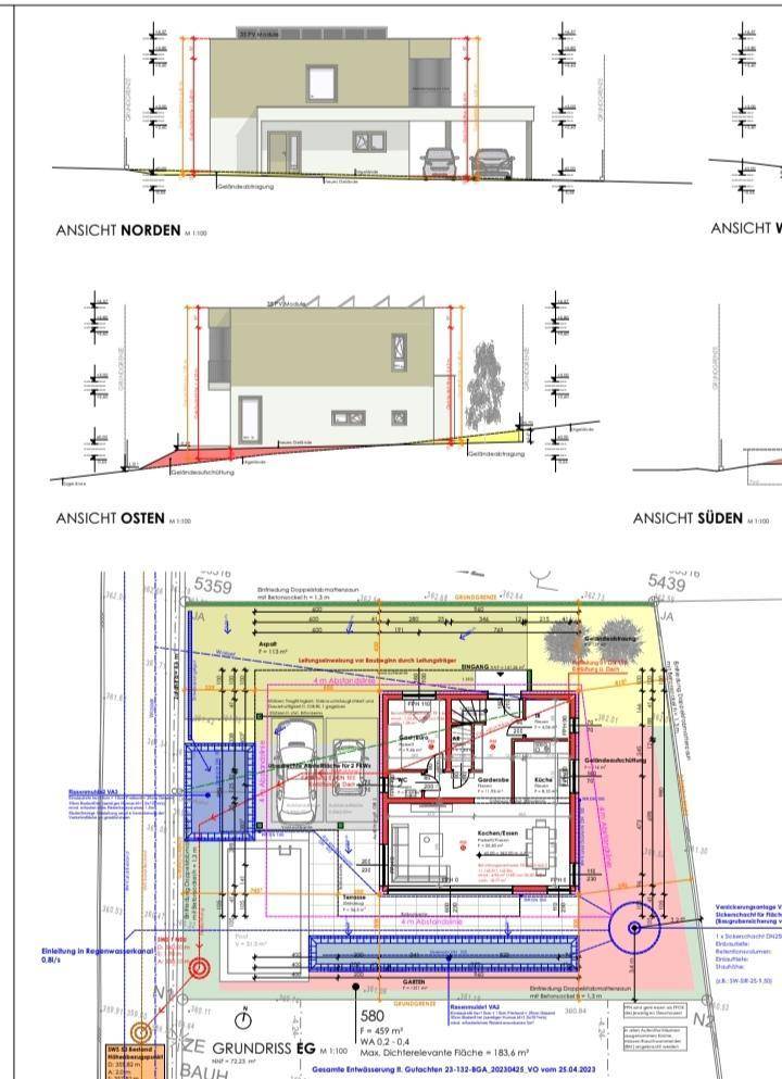 Architektonische Zeichnungen mit Ansichten und dem Grundriss des Erdgeschosses des Gebäudes.