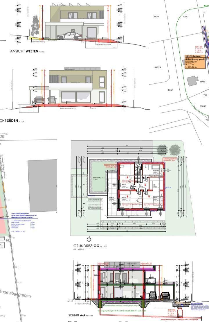 Architektonische Zeichnungen mit Ansichten, dem Grundriss des Obergeschosses und einem Schnitt durch das Gebäude.