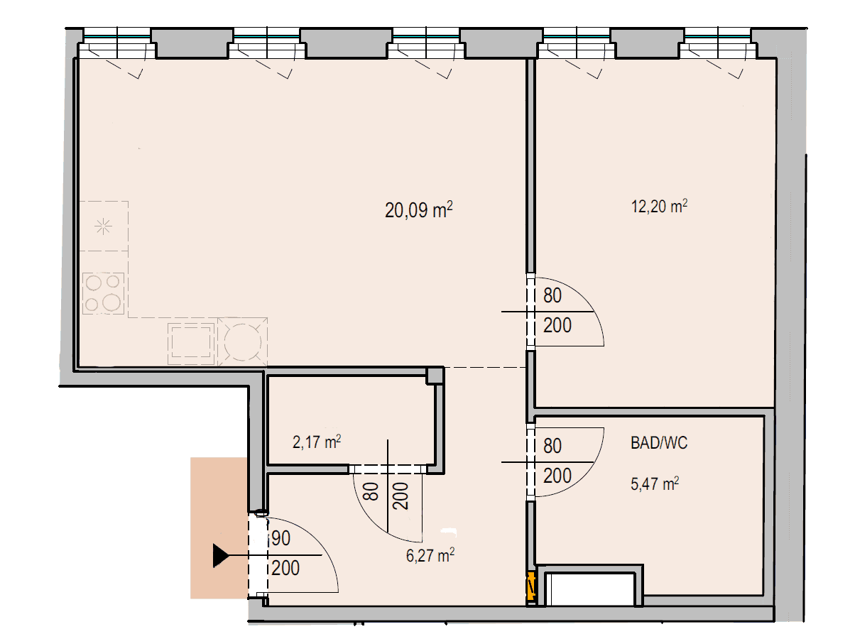 Detaillierter Grundriss einer Wohnung mit Flächenangaben und Raumaufteilung.