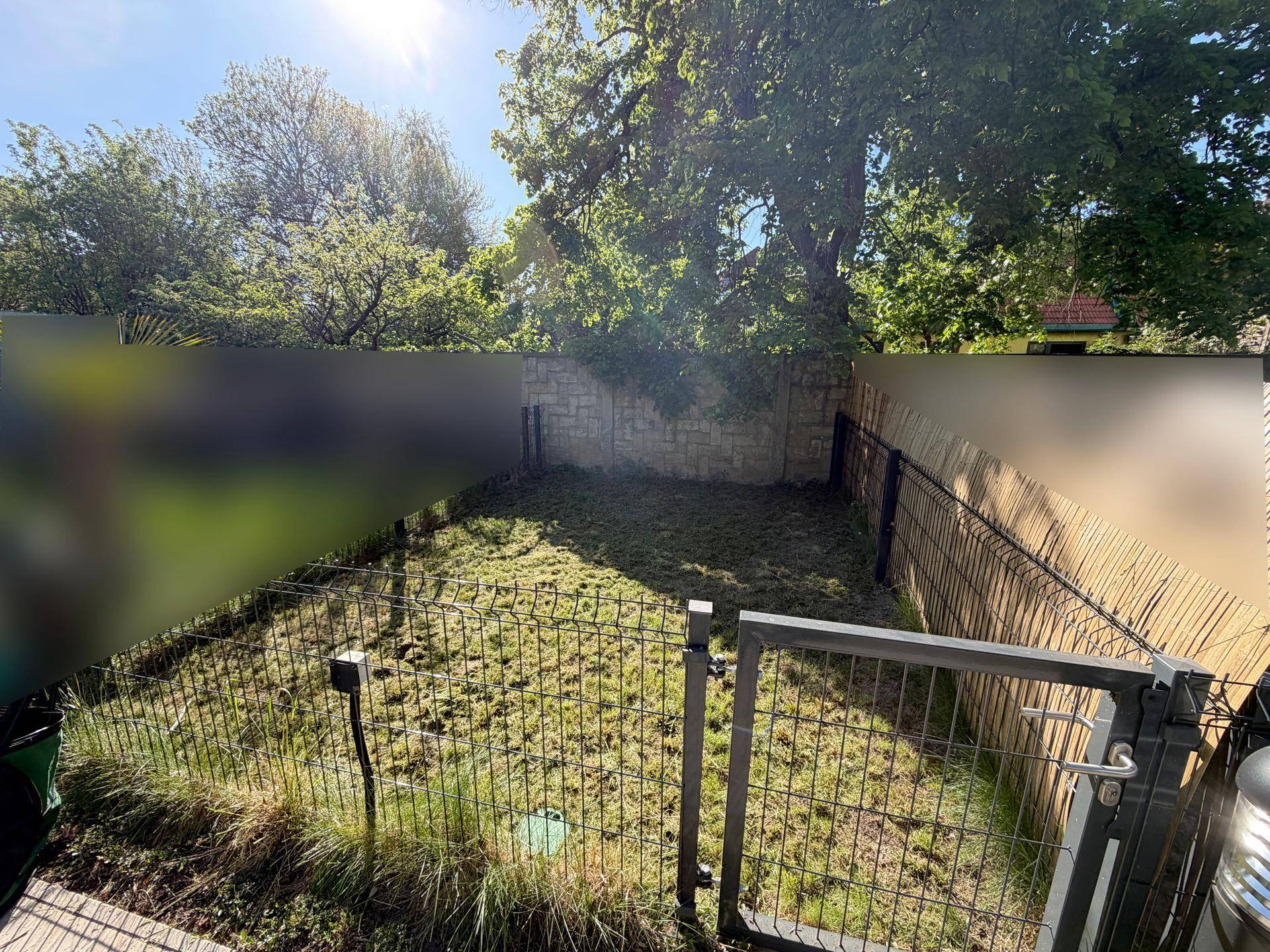Kleiner Gartenbereich mit Rasenfläche, Zaun und Bäumen im Hintergrund unter hellem Himmel.