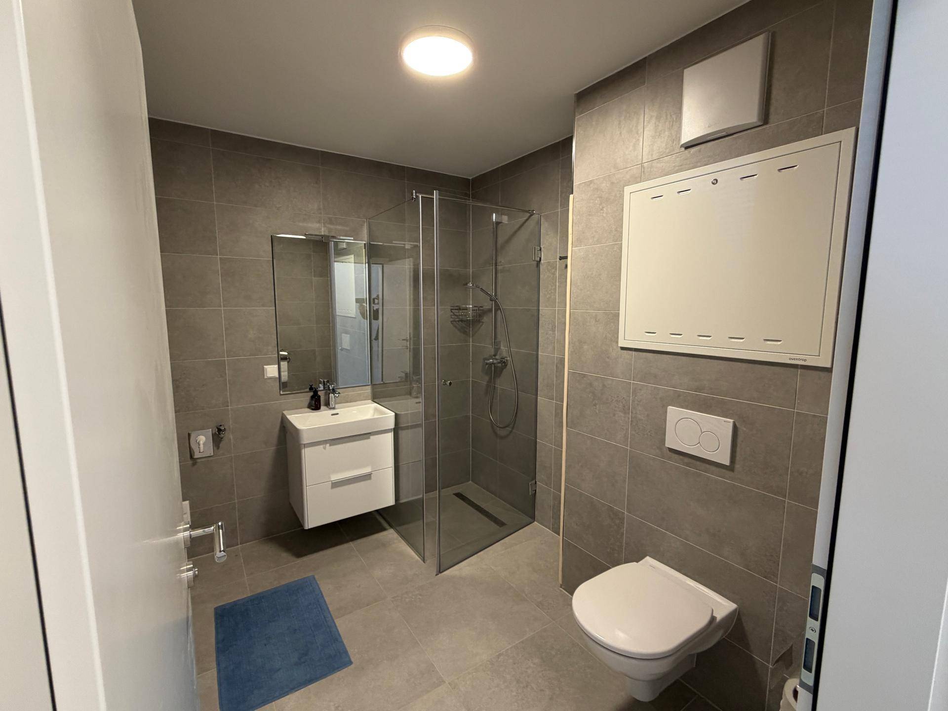 Modernes Badezimmer mit grauen Fliesen, ebenerdiger Dusche, Hänge-WC und Waschtisch.