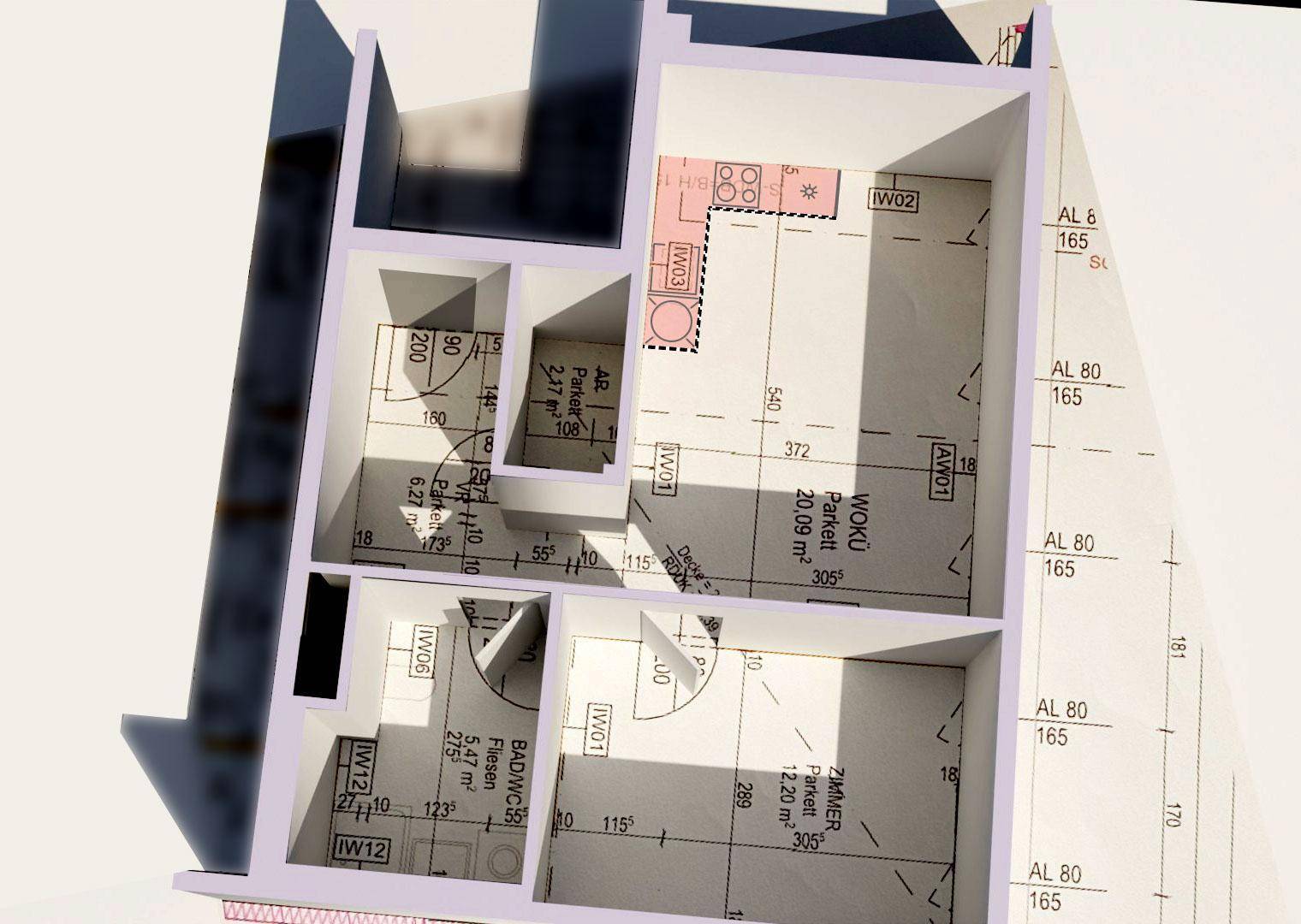 Dreidimensionaler Grundriss einer Wohnung mit Küchenbereich und Raummaßen.