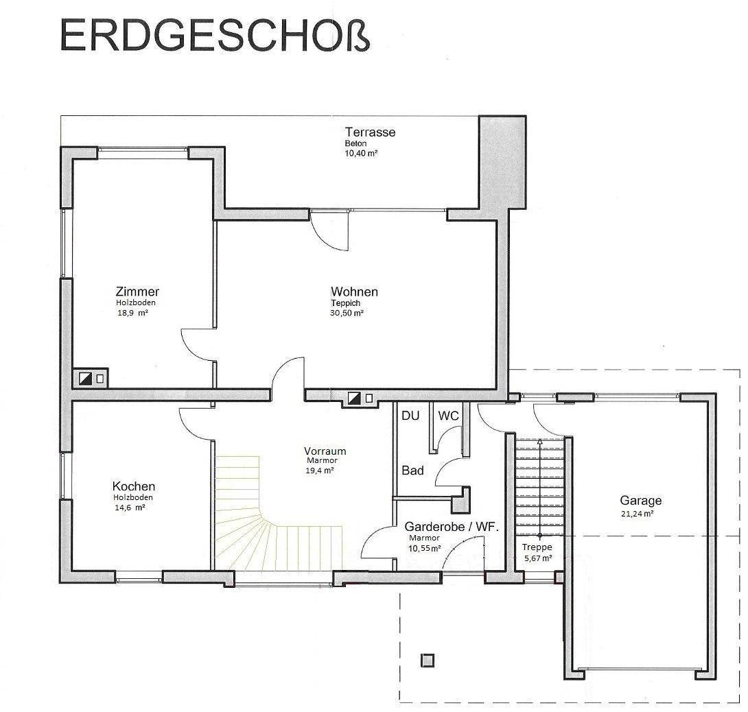 Grundriss des Erdgeschosses mit Wohnzimmer, Küche, Zimmer, Bad, WC, Garage und Terrasse.