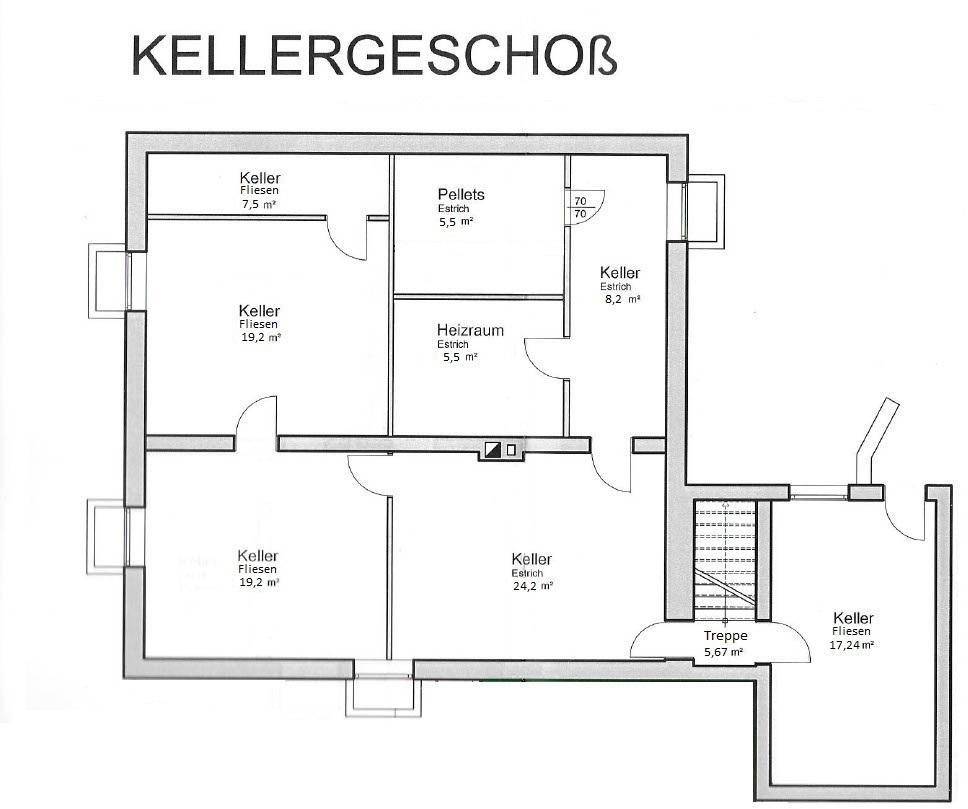 Grundriss des Kellergeschosses mit mehreren Kellerräumen, Heizraum und Treppenaufgang.