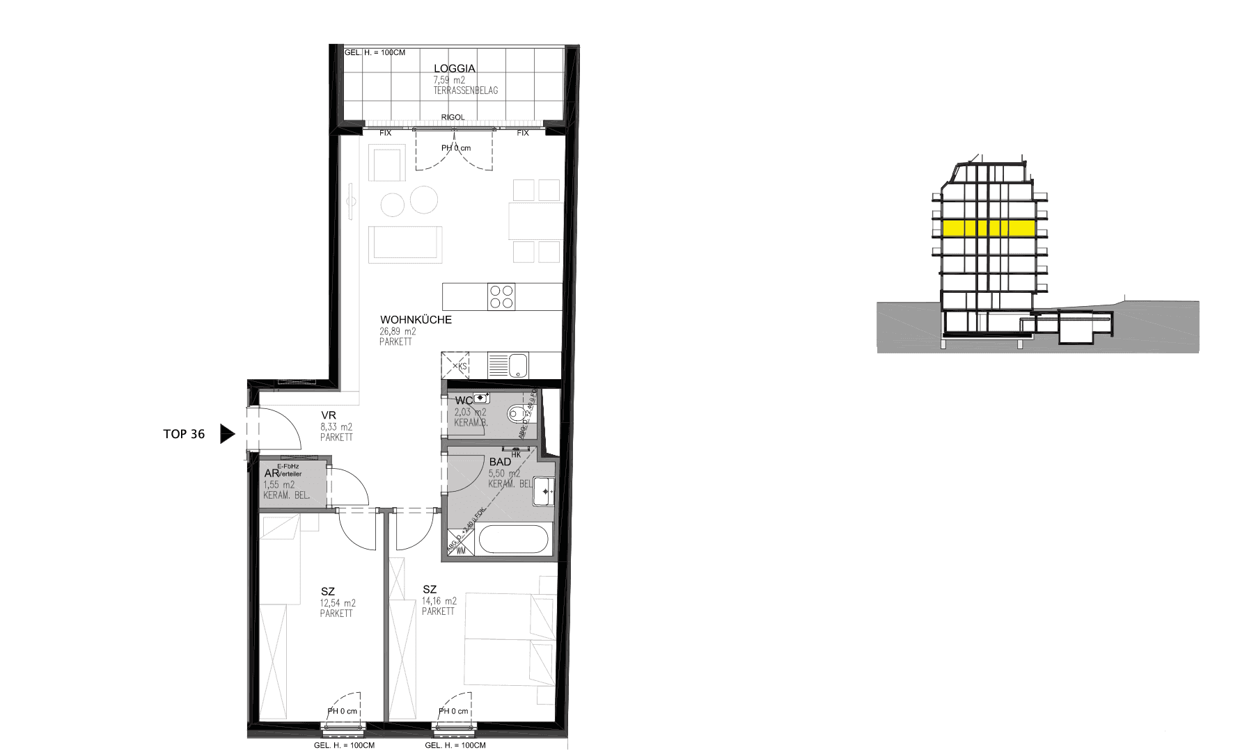 Grundriss einer Wohnung mit Wohnküche, zwei Schlafzimmern, Bad, WC und Loggia.