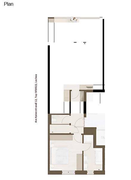Grundrissplan einer Wohnung mit Schlafzimmer, Bad und offenem Wohnbereich.