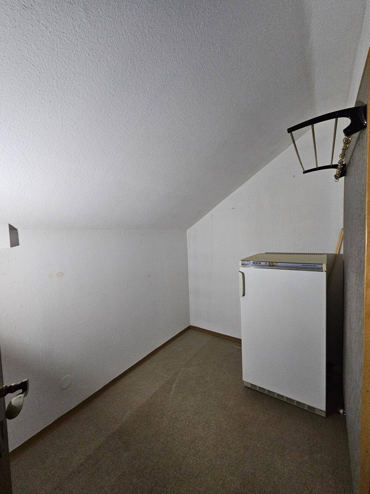 Praktischer Abstellraum im Dachgeschoss mit Gefrierschrank und Teppichboden.