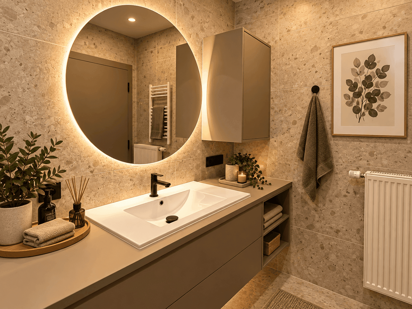 Elegantes Badezimmer mit modernem Waschtisch, beleuchtetem Spiegel und grauen Fliesen.