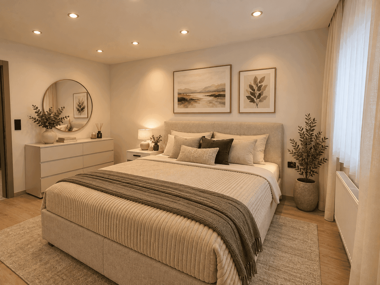 Helles Schlafzimmer mit Doppelbett, Kommode und Spiegel, modern und einladend eingerichtet.