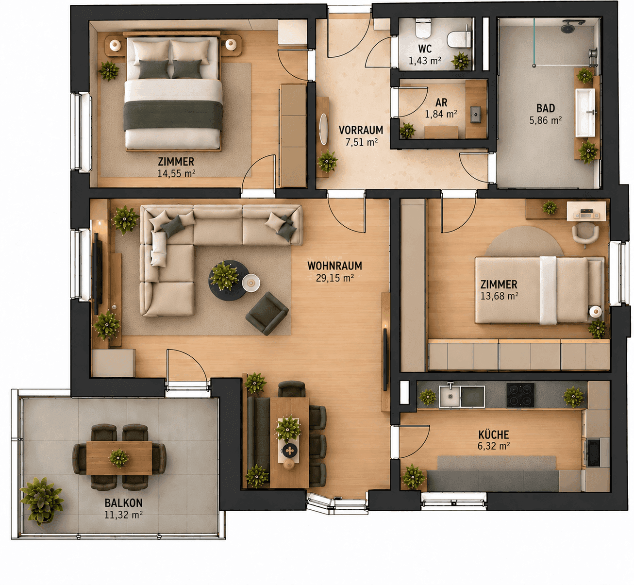 Detaillierter Grundriss einer Wohnung mit zwei Schlafzimmern, offenem Wohnbereich und Balkon.