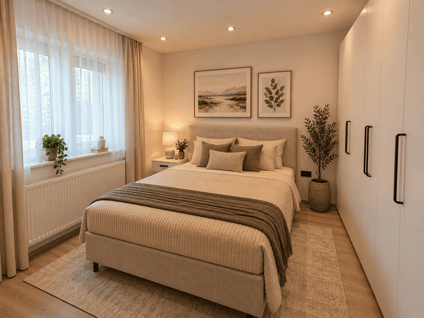 Gemütliches Schlafzimmer mit Doppelbett, weißen Einbauschränken und einem Fenster für natürliches Licht.