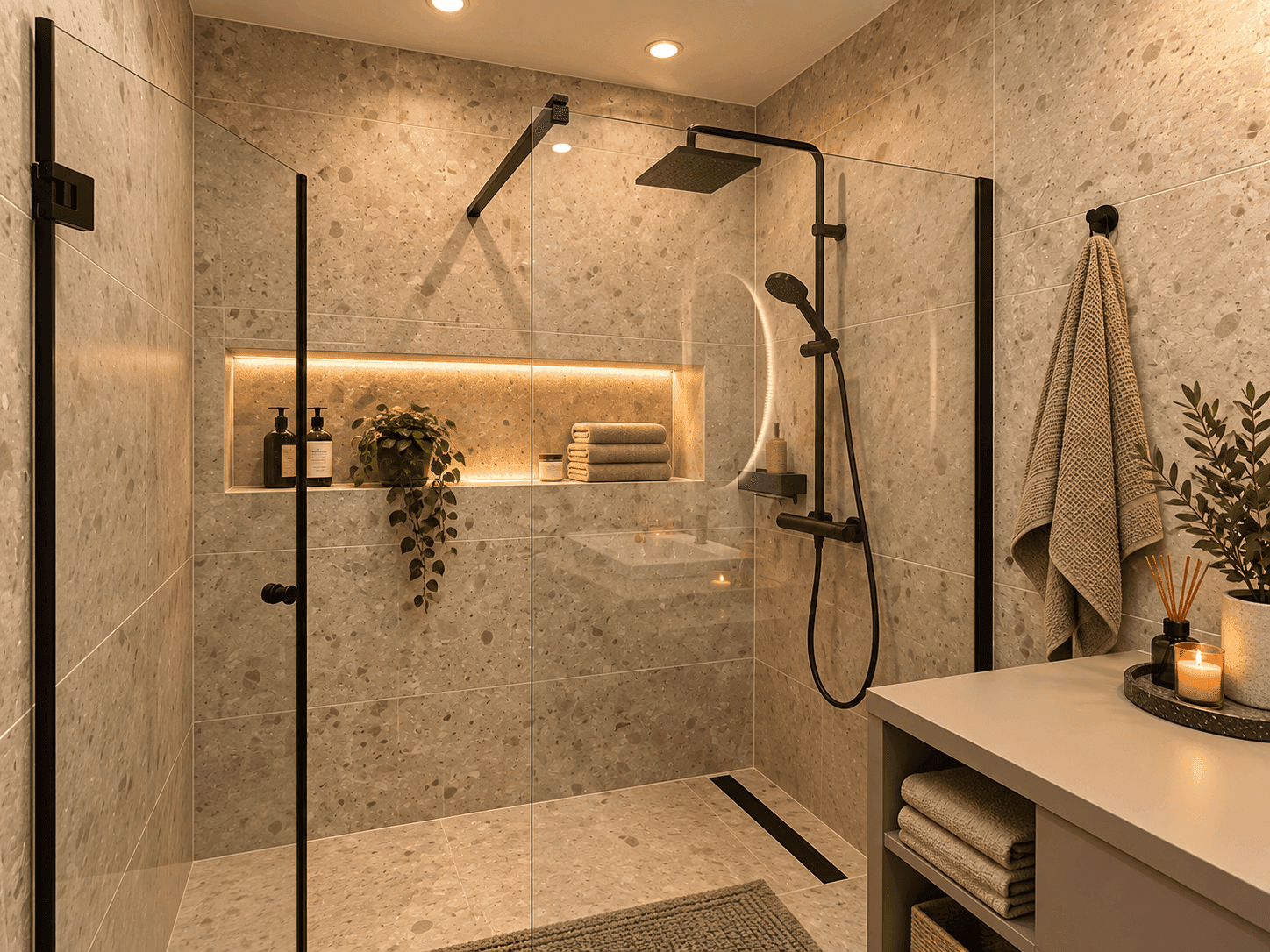 Modernes Badezimmer mit begehbarer Dusche, Regendusche und stilvollen grauen Fliesen.