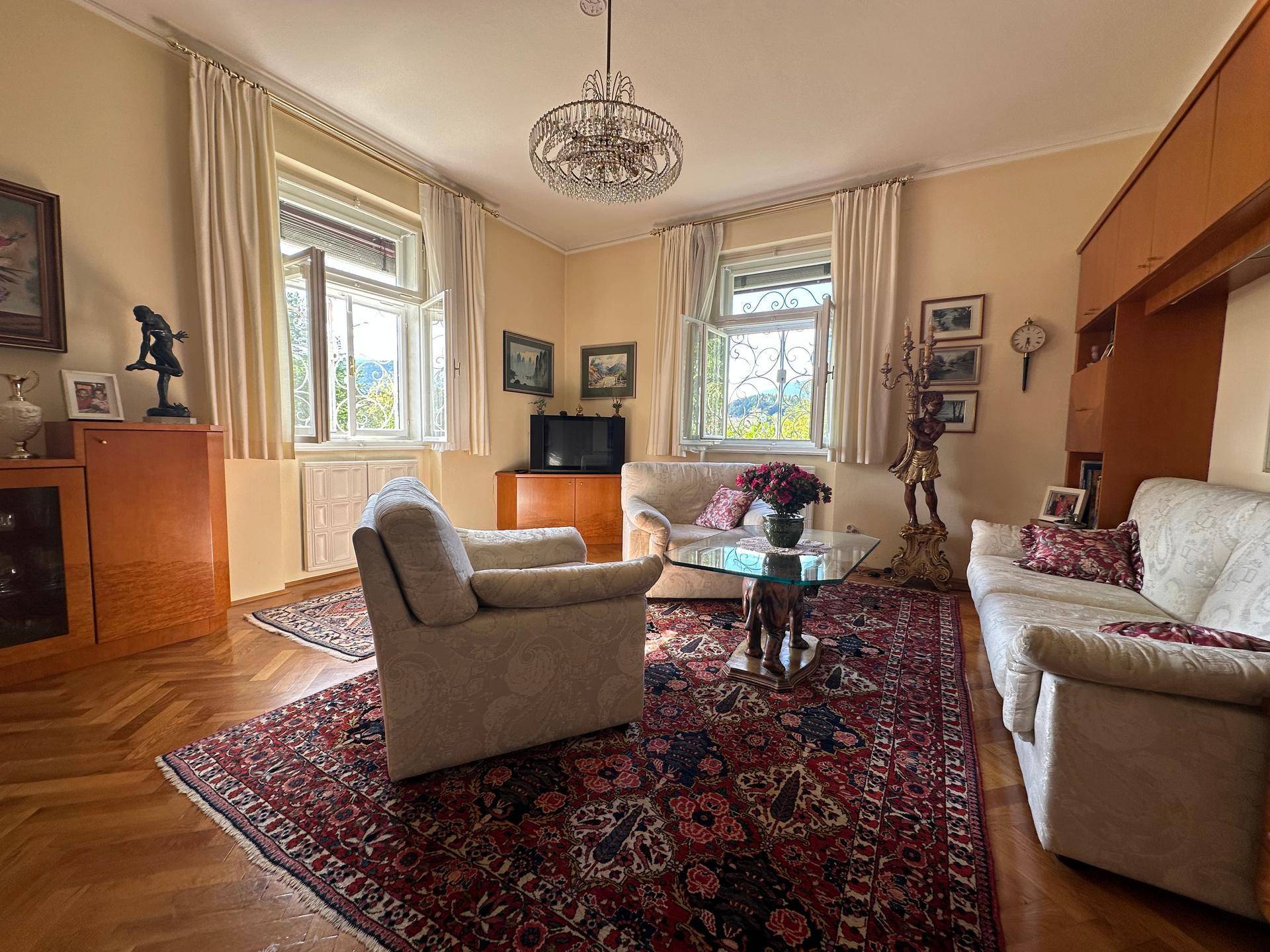 Geräumiges Wohnzimmer mit traditionellem Teppich, bequemen Sofas und Blick auf die Landschaft.