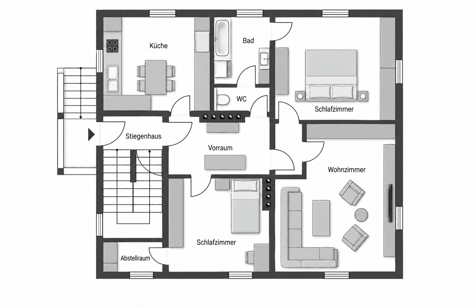 Grundriss des Erdgeschosses mit zwei Schlafzimmern, Wohnzimmer, Küche, Bad und Abstellraum.