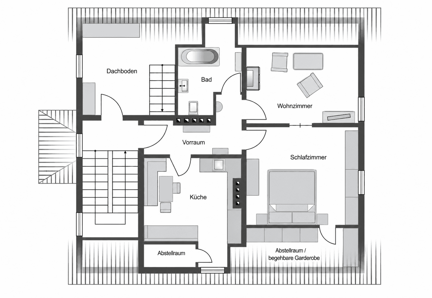 Grundriss des Dachbodens mit Schlafzimmer, Wohnzimmer, Küche und Bad, inklusive begehbarer Garderobe.