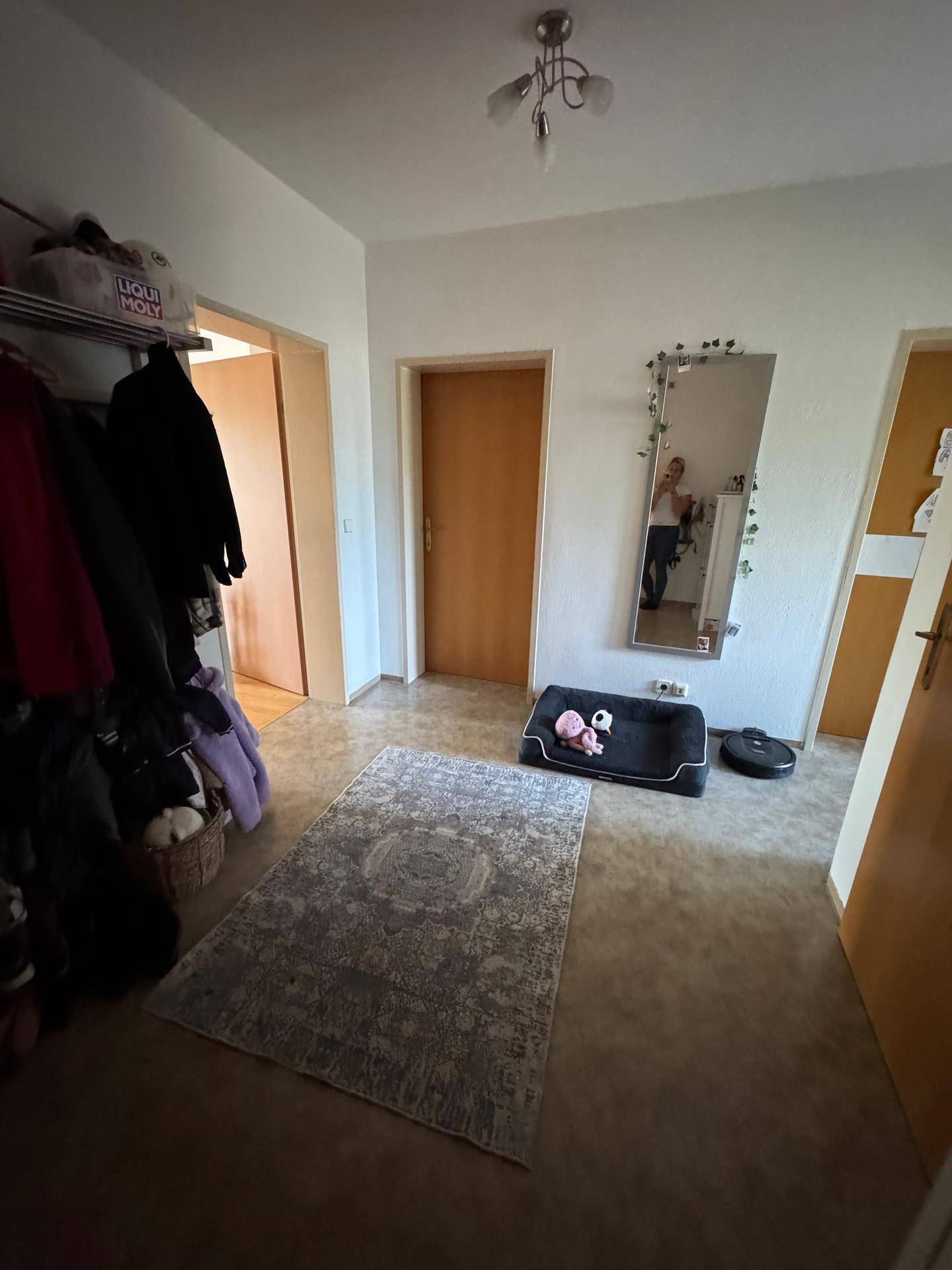 Flur mit Garderobe, Spiegel und Zugang zu weiteren Räumen, funktional gestaltet.