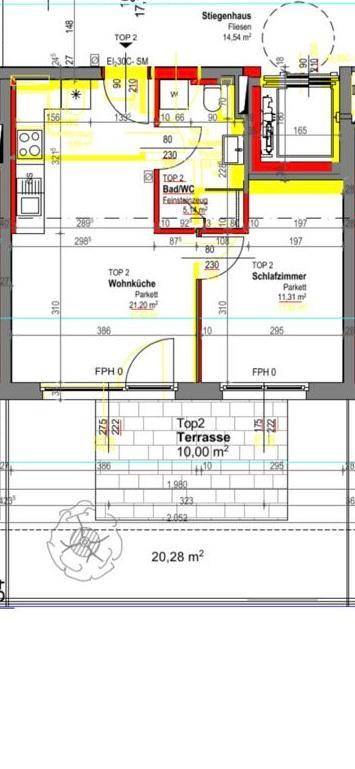 Grundriss einer Wohnung mit Küche, Bad, Schlafzimmer und einer 10 m² großen Terrasse.