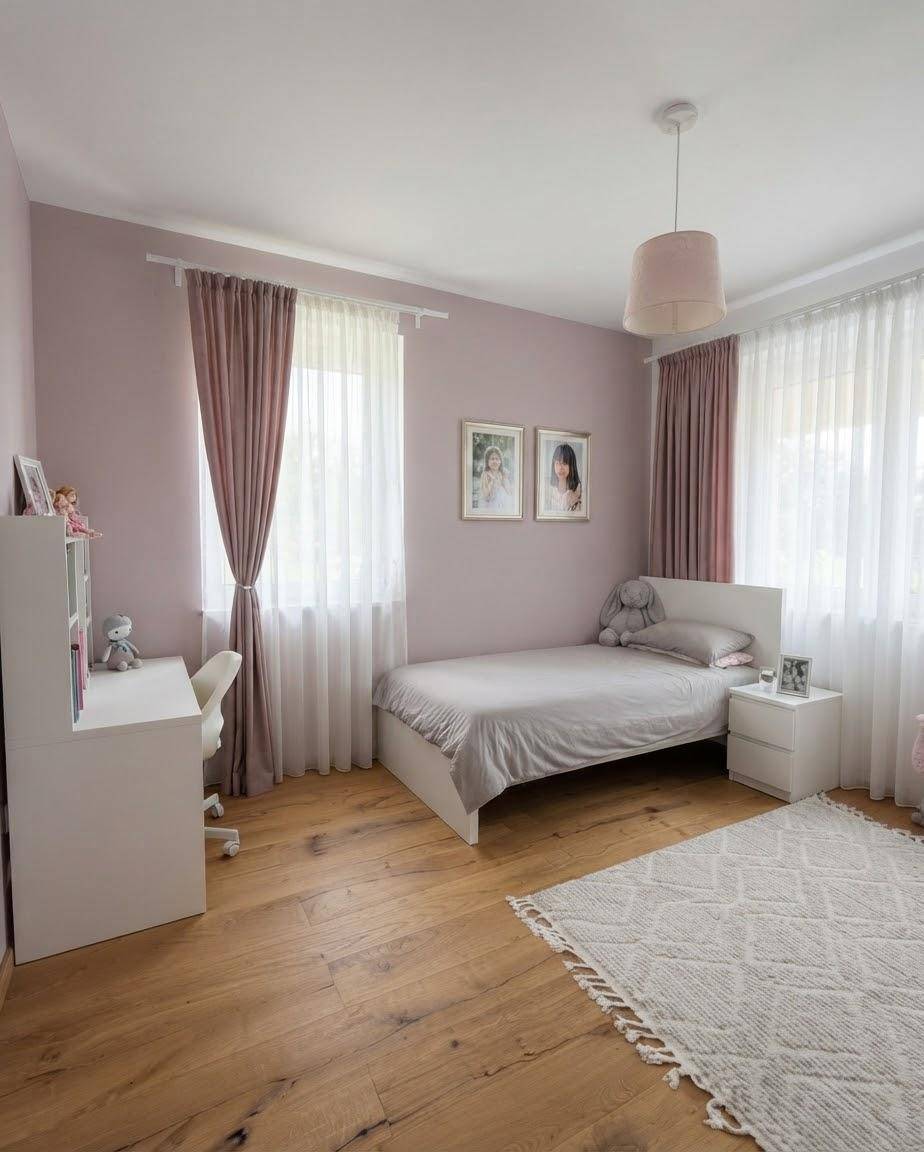 Kinderzimmer mit Holzboden, Einzelbett, Schreibtisch und rosa Wandfarbe.