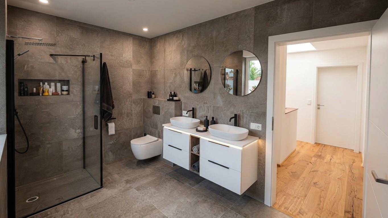 Großes modernes Badezimmer mit Doppelwaschbecken, begehbarer Dusche und grauen Fliesen.