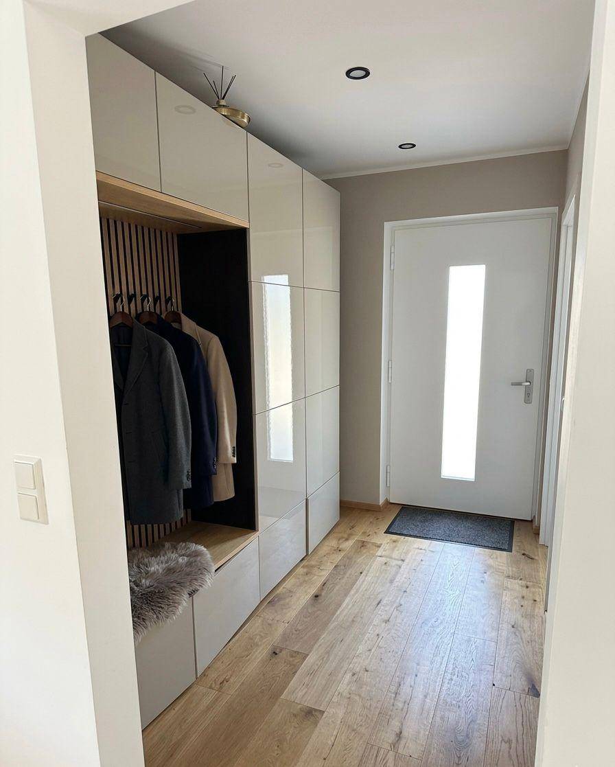 Heller Eingangsbereich mit Holzboden, integrierten Garderobenschränken und moderner Tür.