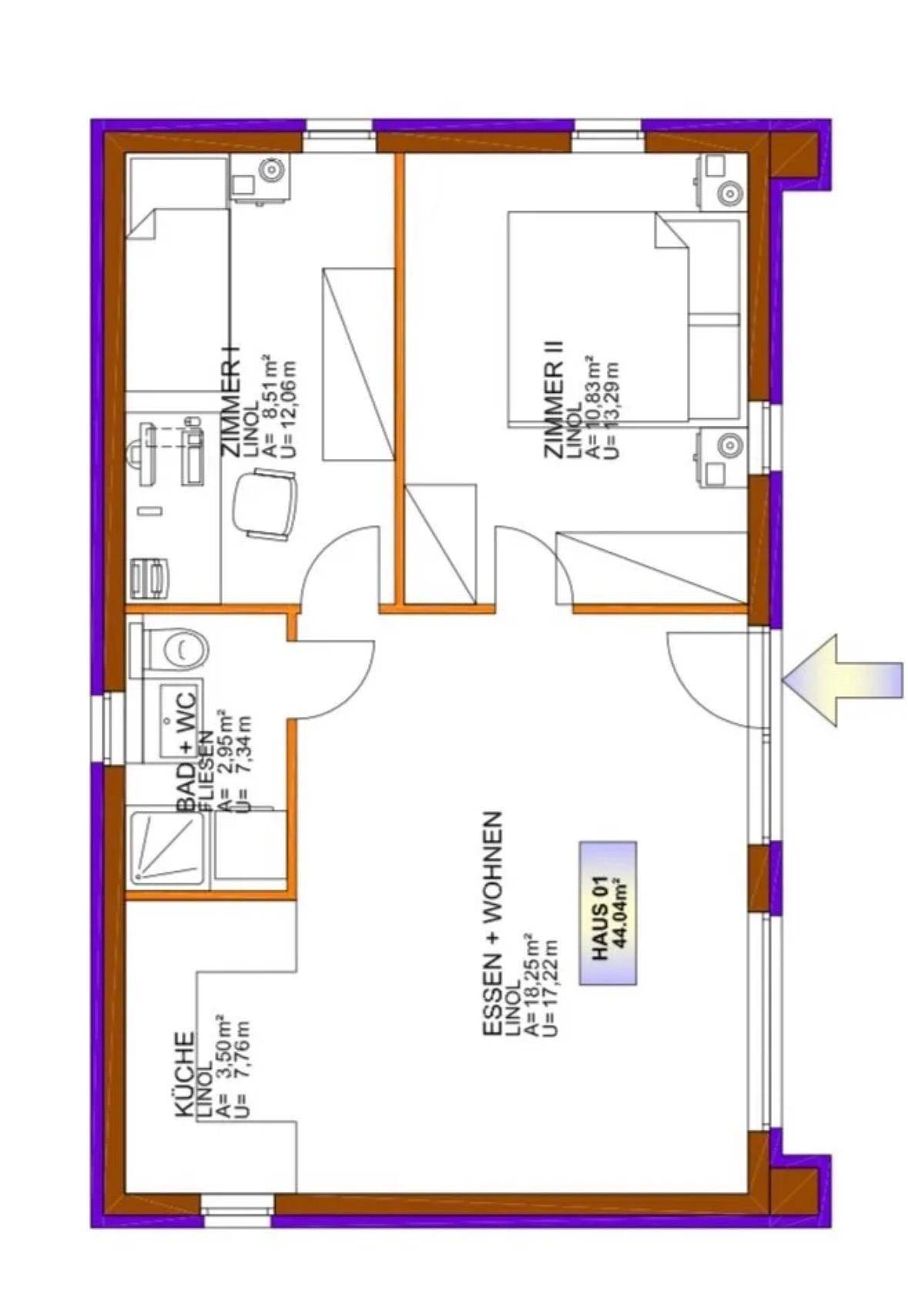 Grundrissplan eines Hauses mit offenem Wohnbereich, zwei Schlafzimmern und einem Badezimmer.