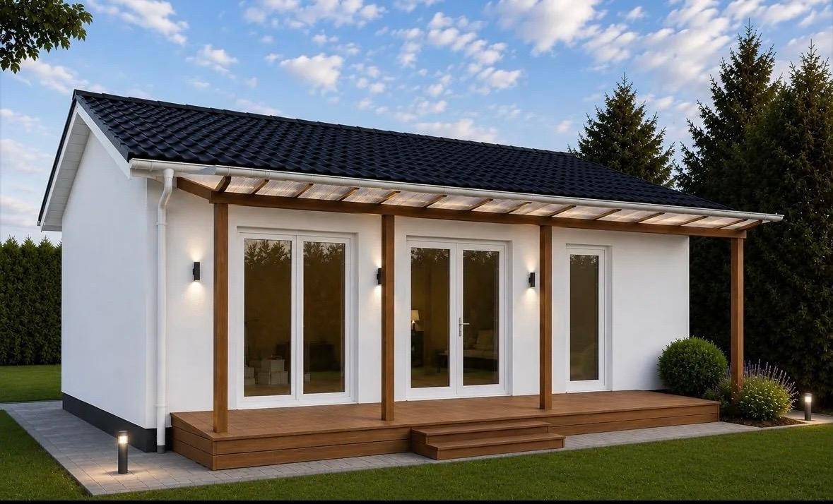 Modernes Einfamilienhaus mit weißer Fassade, Holzterrasse und Pergola im Grünen.