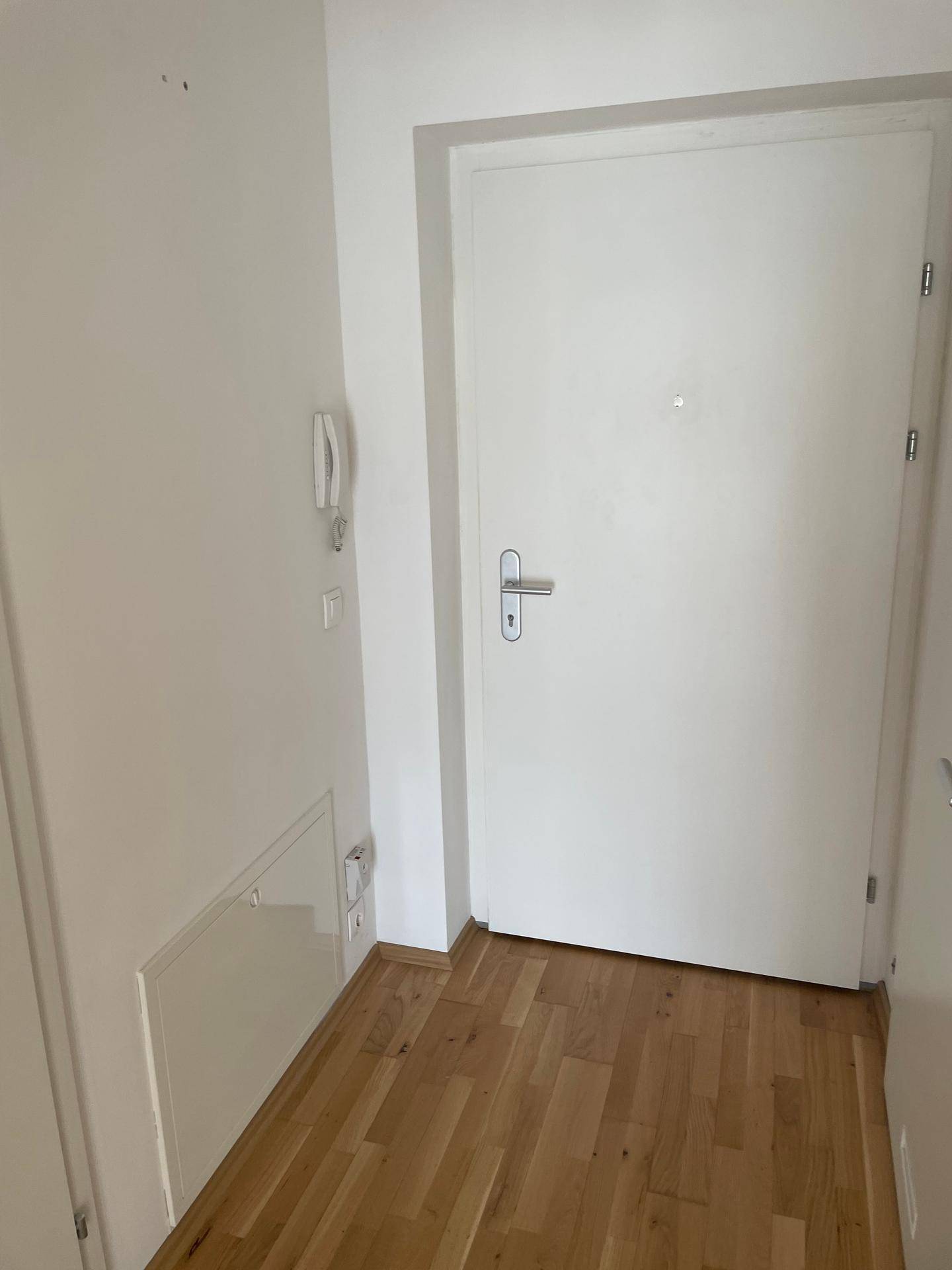 Heller Eingangsbereich mit Holzboden und weißer Tür, ausgestattet mit einer Gegensprechanlage.