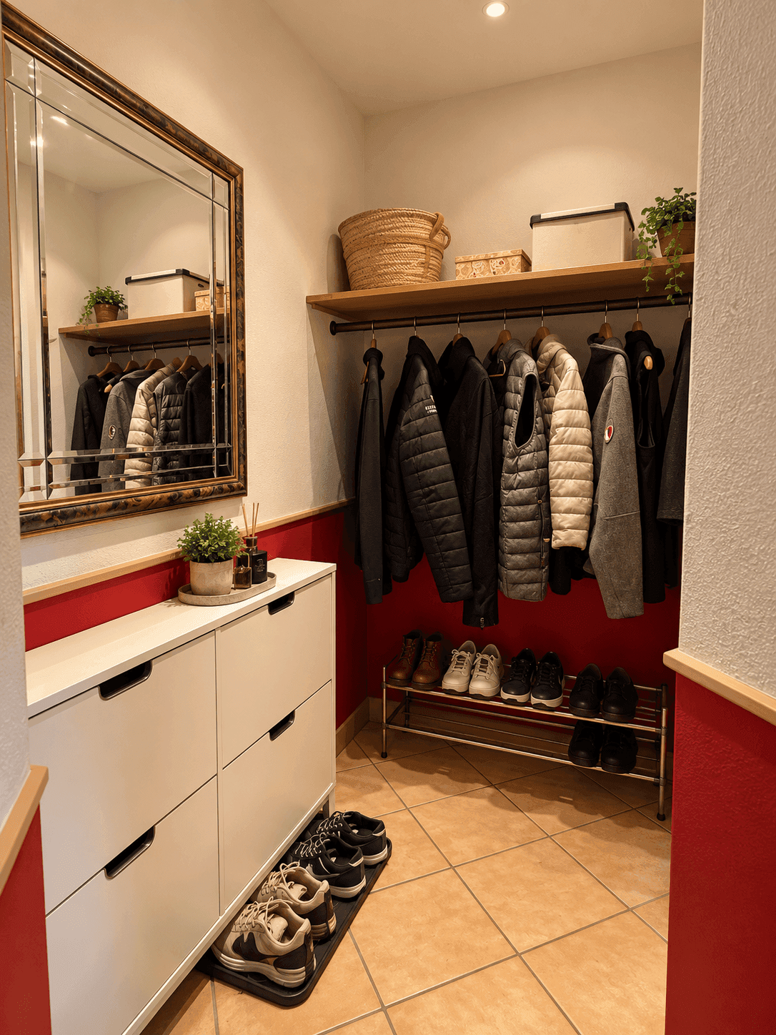Eingangsbereich mit Garderobe, Schuhschrank und Spiegel.