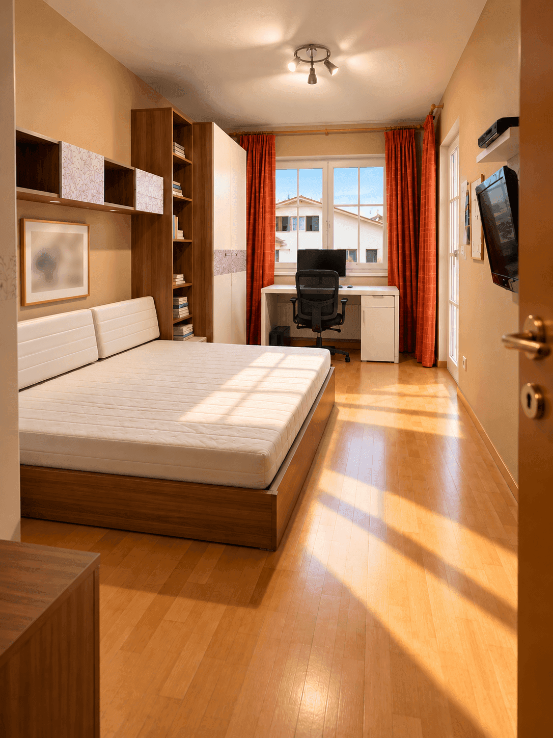 Helles Schlafzimmer mit Holzboden, Schreibtisch und Fenster mit Blick nach draußen.