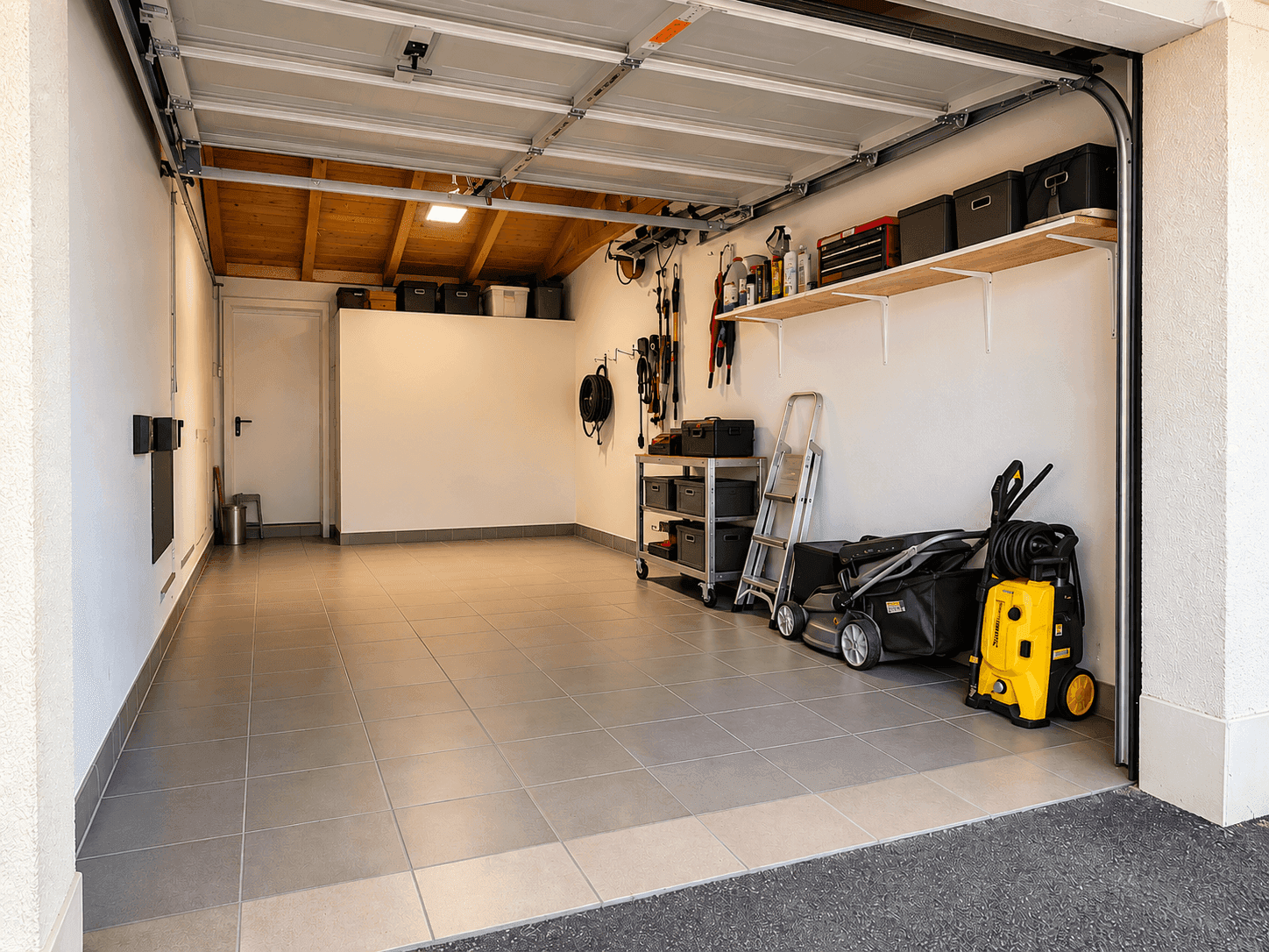 Geräumige Garage mit Fliesenboden, Stauraum und Gartengeräten.