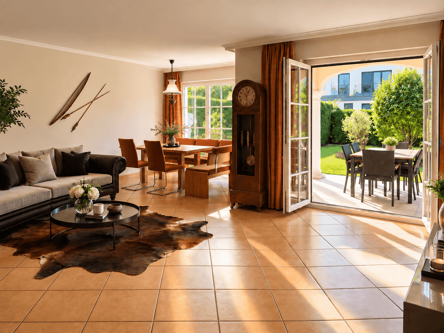 Geräumiger Wohn-Essbereich mit Fliesenboden und direktem Zugang zur sonnigen Terrasse.
