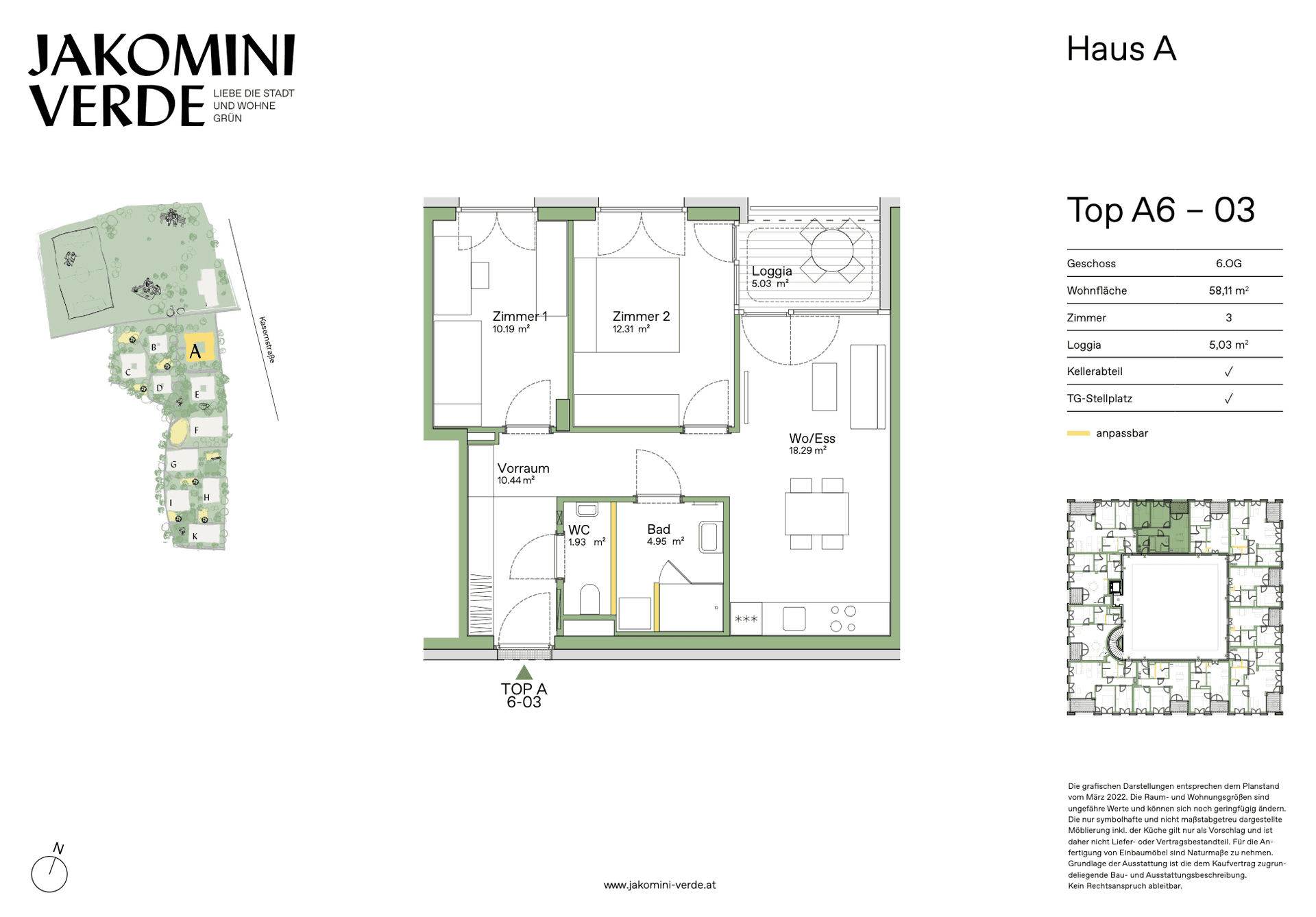 Detaillierter Grundriss einer Wohnung mit zwei Zimmern, Loggia und offenem Wohn-Essbereich.